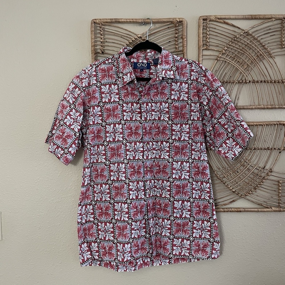 Vintage ONO Aloha Hawaiian Shirt Quilt Print Liberty House Red Men's Sz L B38